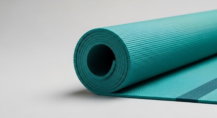 Rolled Teal Yoga Mat on Light Background for Fitness.