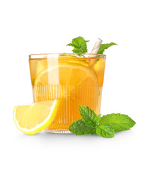 Glass of fruit tea with lemon and mint leaves on white background