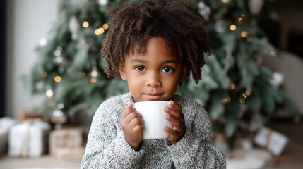 A cute little child in a warm sweater and pajamas decorates the Christmas tree in the living room. Merry Christmas and a Happy New Year! Warm and cozy holiday winter evening.