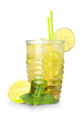 Fototapeta premium Glass of cold tea with lime slices and mint leaves on white background