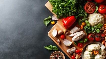 Fresh Salad Ingredients on Cutting Board with Dark Background - Healthy Eating, Cooking, Food Preparation, Vegetarian, Diet