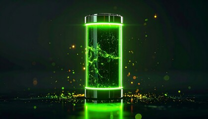 Bright Green Battery Energy Storage Concept with Glowing Sparks and Particles