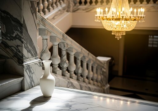 Elegant marble staircase with balustrade, chandelier and decorative vase capturing architectural sophistication and