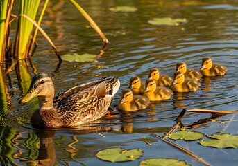 Duck Family Swimming in Pond - A Serene Nature Scene.