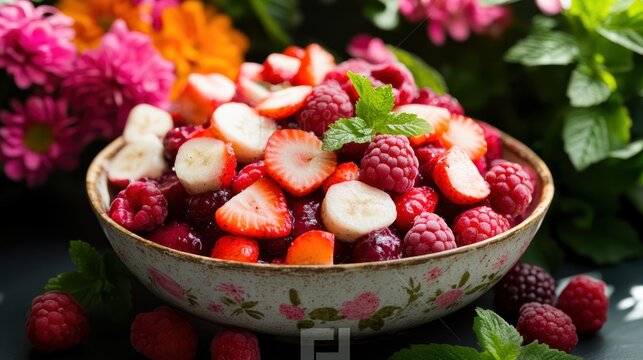 Fresh Fruit Bowl with Strawberries, Raspberries, Bananas and Mint: Healthy and Colorful Summer Dessert in a Decorative Ceramic Bowl, Close-Up