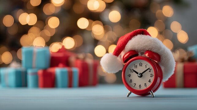 A red alarm clock wearing a Santa hat sits on a blue table. In the background, colorful wrapped gifts and a softly lit Christmas tree are visible.