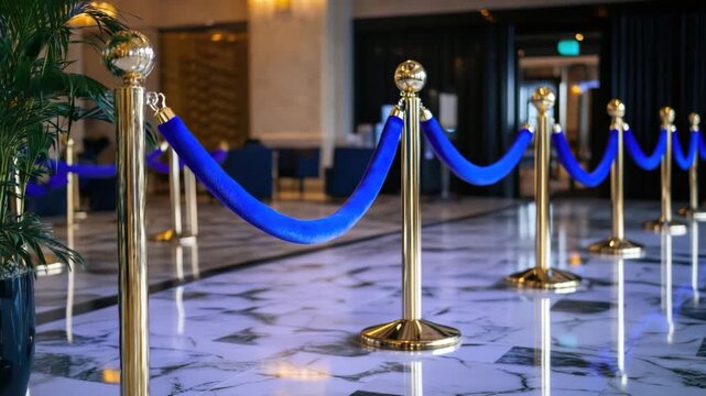 Golden poles with blue velvet ropes creating a vip area in a luxury hotel lobby