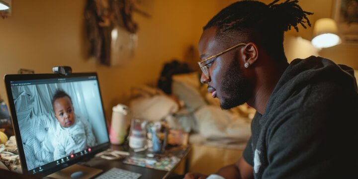 African american father video calling baby on laptop
