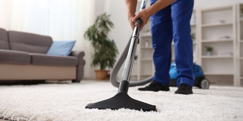 Fototapeta premium Man vacuuming white carpet, cleaning living room home