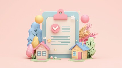 Paper document with check mark and house icon. Mortgage loan approval concept. Pastel color flat illustration.