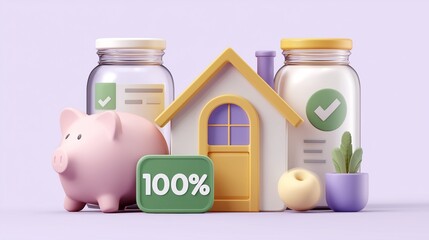 Modern 3D icon pack featuring home loan approval, credit score, and savings jar, isolated on white background.