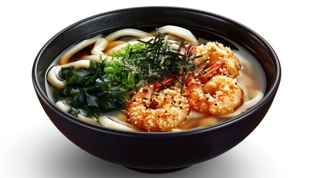 A dark bowl of udon noodles, topped with tempura shrimp, seaweed, and sesame seeds