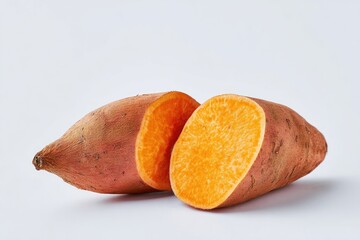 Two halves of a sweet potato, cut lengthwise, showcasing its vibrant orange flesh.  The potato's exterior is a reddish-brown.  A simple, bright white background isolates the produce