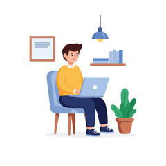 Man Working at Home on Laptop. Remote Work, Freelance
