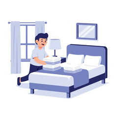 Making Bed, Man Folding Laundry, Home Chores Illustration