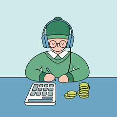 Financial Planning Man with Calculator, Money, and Headphones
