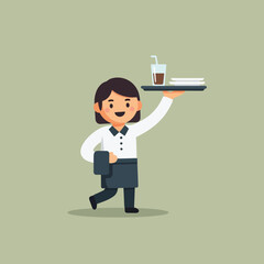Waitress Cartoon Illustration Serving Food, Drink, Restaurant