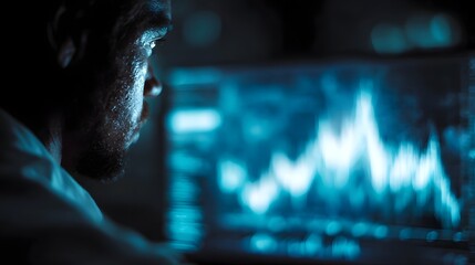 Man intensely focused on glowing digital data graphs displayed on a computer screen in a dark room