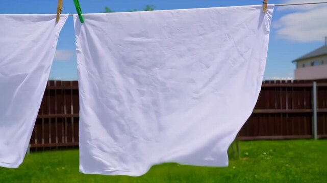 White sheets hang on a clothesline in a backyard on a sunny day