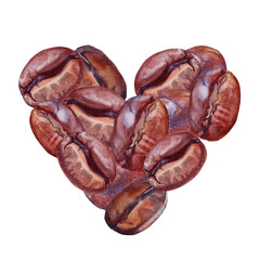 Watercolor heart of brown coffee bean isolated on white background. Aroma caffeine ingredient for hot drink beverage. Hand-drawn clipart design for sticker. Kitchen or cafe wallpaper or wrapping