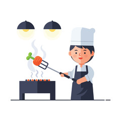 Chef Grilling Vegetables Cartoon, BBQ Illustration