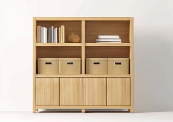 Light wooden bookcase with beige storage boxes