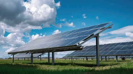 installation. Solar panels in a sunlit field, representing sustainable energy and environmental care. ESG reports, sustainability campaigns, designed for environmental awareness campaigns.