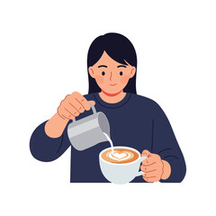 Latte Art Woman Pouring Milk into Coffee, Flat Vector Illustration