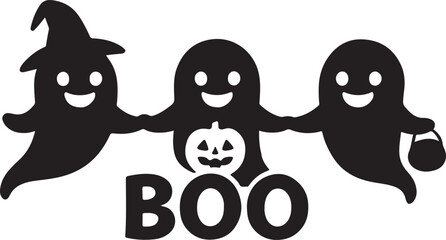 Ghosts holding hands, each with a different accessory witch hat, pumpkin, candy bucket silhouette vector art and illustration.