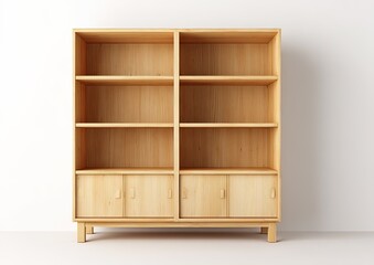Light-wood bookcase with empty shelves against a white wall