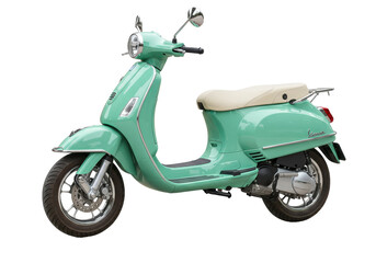 Isolated Vintage Scooter in Mint Green Shade with a Beige Leather Seat, Modern Design