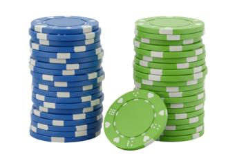 Isolated Piles of Blue and Green Poker Chips Ready for a Card Game Tournament Playoff