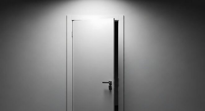 Illuminated door slightly ajar casting subtle shadows on neutral wall