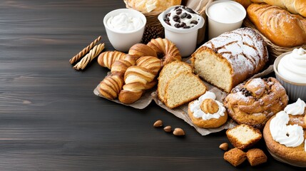 Assortment of Fresh Baked Goods: Croissants, Bread, Buns, and Cream in Bowls on a Dark Wooden Table, Bakery Display, Delicious Pastries