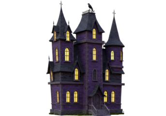 Isolated eerie mansion with a crow on top, a whimsical haunted house for Halloween