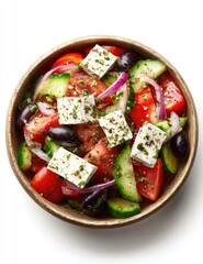 Fresh Greek salad in a wooden bowl