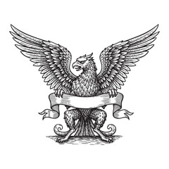Mythological Griffin, Hand-Drawn Sketch Outspread Wings and a Blank Banner, Heraldic Crest or Logo