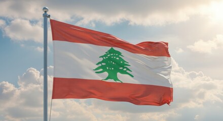 Flag of lebanon waving in the wind against a cloudy sky.