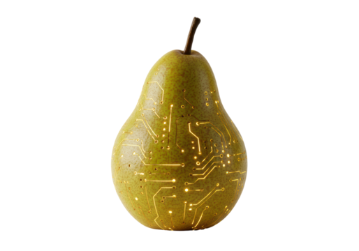 Isolated fruit displaying a pear decorated with a circuit board design on its skin