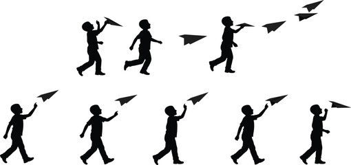 Boy throwing paper airplane silhouette, childhood imagination, playful moment, outdoor fun, freedom, creativity, flight, happy child playing, dream concept