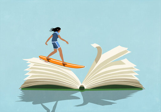 Woman on surfboard surfing over pages of open book against blue background
