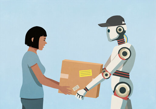 Humanoid robot in baseball cap delivering package to woman against blue background
