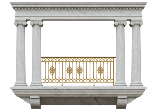 Isolated ionic order marble balcony with gold balustrade, decorative exterior element