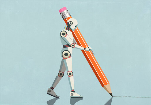 Humanoid robot with large pencil drawing line on blue background
