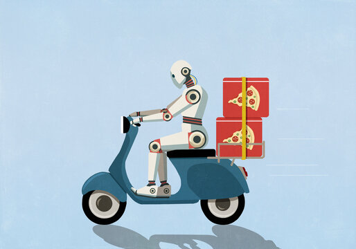 Humanoid robot driving scooter, delivering pizza against blue background
