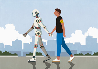 Humanoid robot holding hands with and guiding blind man walking in city

