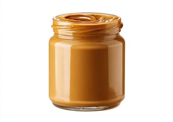 A clear glass jar filled with smooth, light brown peanut butter. The product is glossy and sits upright against a plain white background.  A swirl of peanut butter is visible on top of the jar