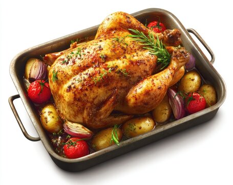 Roasted whole chicken with vegetables in a metal baking pan