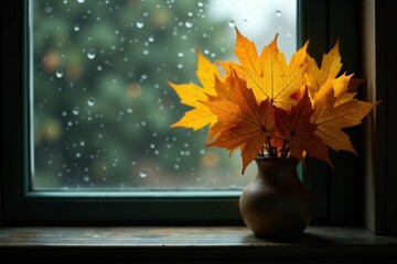Dried yellow leaves bouquet, rainy window, autumn colors, moody , rainy, melancholy, cozy