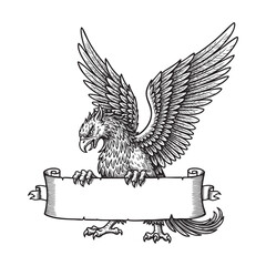 Mythological Griffin, Hand-Drawn Sketch Outspread Wings and a Blank Banner, Heraldic Crest or Logo